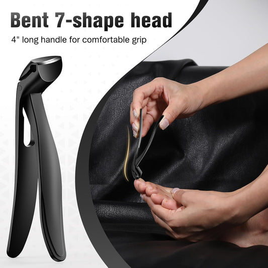 Toenail Clippers with Angled Head, Long Handle, for the Elderly, Large and Wide Size, Thick Nail Collector, Easy Cut, Ergonomic Design (Black)