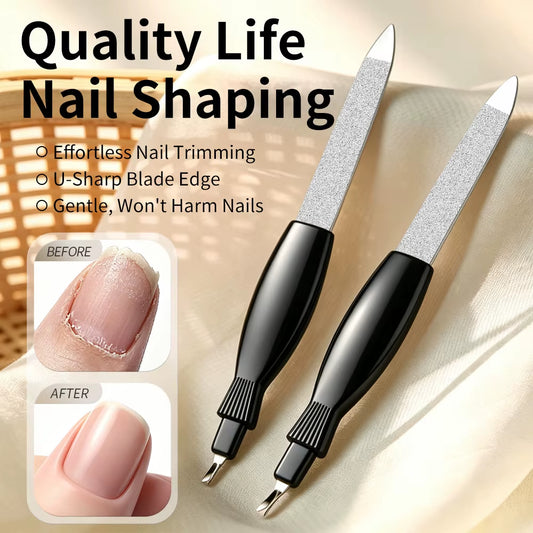 Stainless Steel Dual Nail File with Cuticle Pusher Double Sided Sanding Polishing Manicure Pedicure Nail Care Tool for Salon